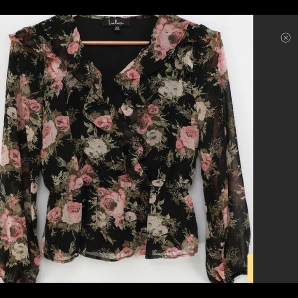 Nwt Lulu's Small Boho Black Floral Ruffled Long Sleeve Top - Picture 12 of 13